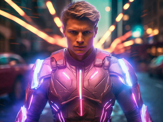 Porträt eines Superhelden, blonde kurze Haare. Er trägt eine pinke Neon-Rüstung. Elektrisierende Kraft, eine Straßenszene im Hintergrund.