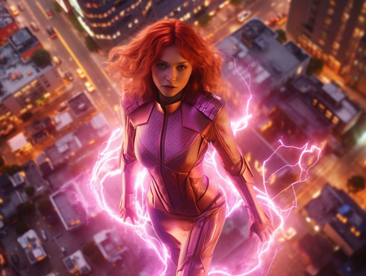 Porträt – Superheldin, die mit ihrer elektrisierenden Kraft die Stadt vor dem Bösen schützt